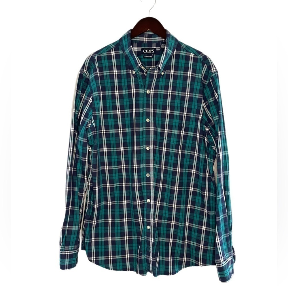 Chaps Easy Care Blue and Green Plaid Button Down Shirt